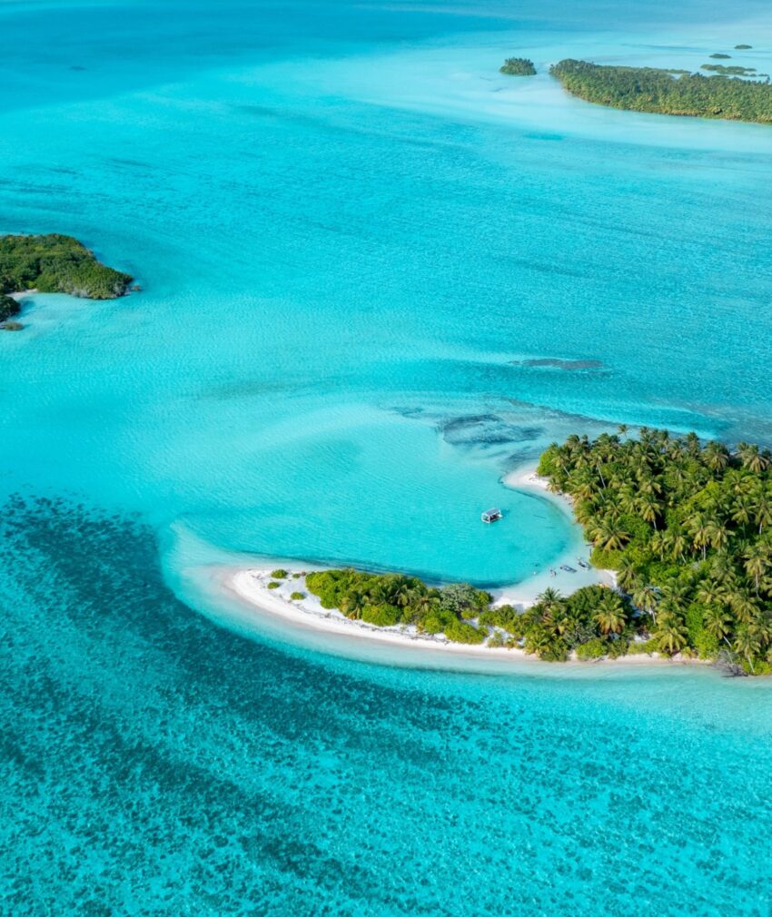 An aerial view of the islands at the southern end of the Cocos Keeling Islands atoll